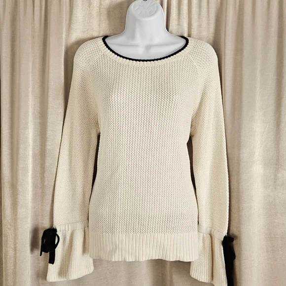 NWOT LOFT white open knit bell sleeve ribbon sweater Womens Medium - Picture 3 of 7
